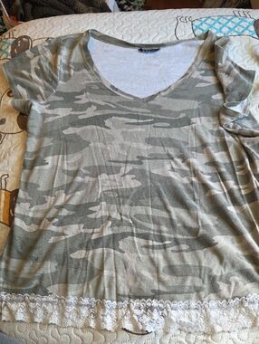 Self Esteem Green Camo V-Neck Top with White Lace Trim